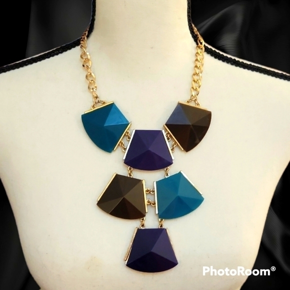 3/$30 Vtg Art Deco Geometric Hexagon Cascade Bib Chain Necklace - Picture 1 of 10